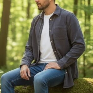 Marine Layer Lightweight Courdoroy Blue Graphite Button-Down Pearl Buttons